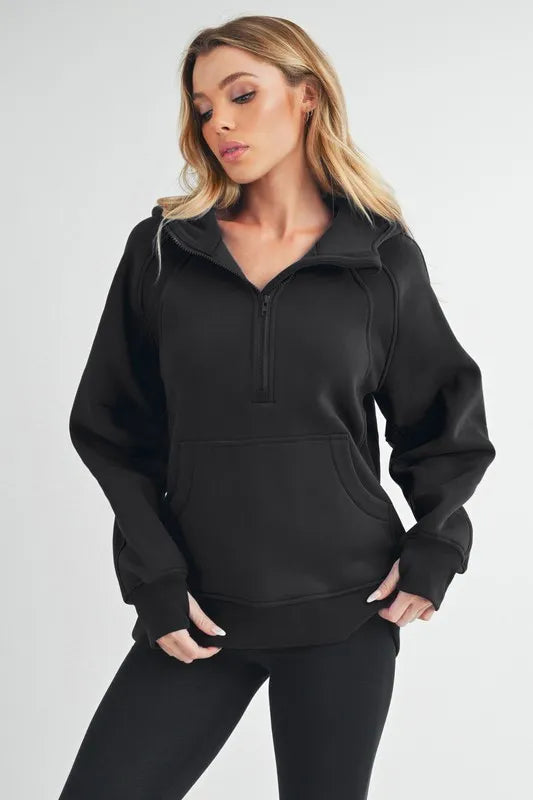 Aemi+Co Half Zip Raglan Sleeve Sweatshirt with Kangaroo Pocket Black