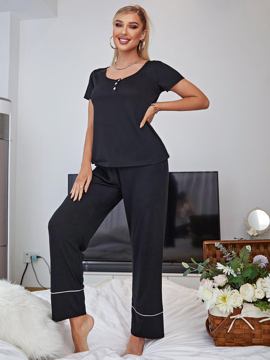Scoop Neck Top and Elastic Waist Pants Lounge Set Black