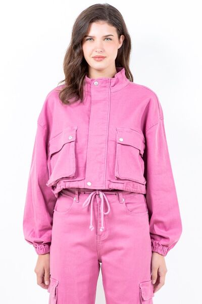 American Bazi Full Size Drawstring Hem Cargo Pocket Cropped Worker Jacket Plus Size Fuchsia Pink