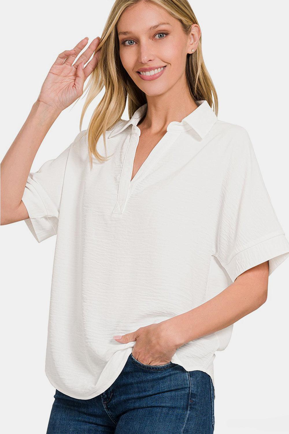 Zenana Texture Collared Neck Short Sleeve Top Off White