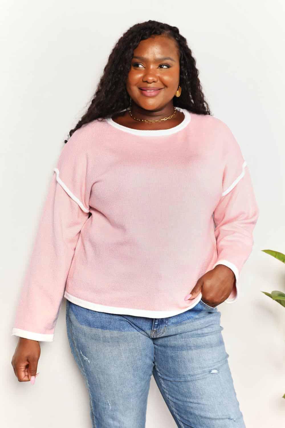 Angel Wings Contrast Detail Dropped Shoulder Knit Top Blush Pink