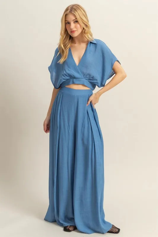 HYFVE Kimono Sleeve Crop Top and Wide Leg Pants Set Cerulean