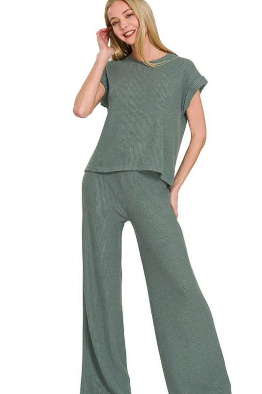 Zenana Rolled Sleeve Top and Pants Sweater Set ASH JADE