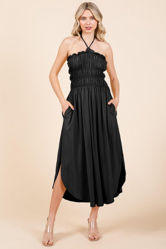 Culture Code Tie Back Shirring Dress with Pockets Black