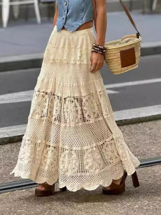 Openwork Crochet Maxi Skirt Tan One Size