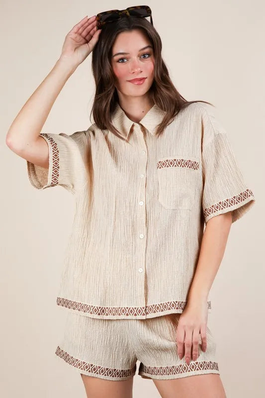 VERY J Crinkled Woven Shirt Top & Shorts Set Natural