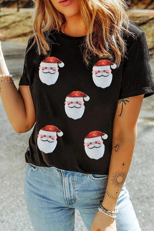 Sequin Santa Round Neck Short Sleeve T-Shirt Black