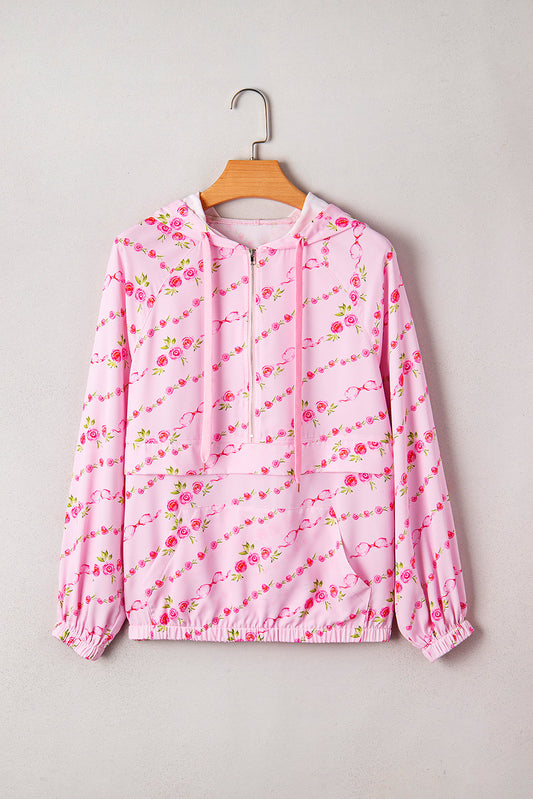 Floral Half Zip Kangaroo Pocket Drawstring Hoodie
