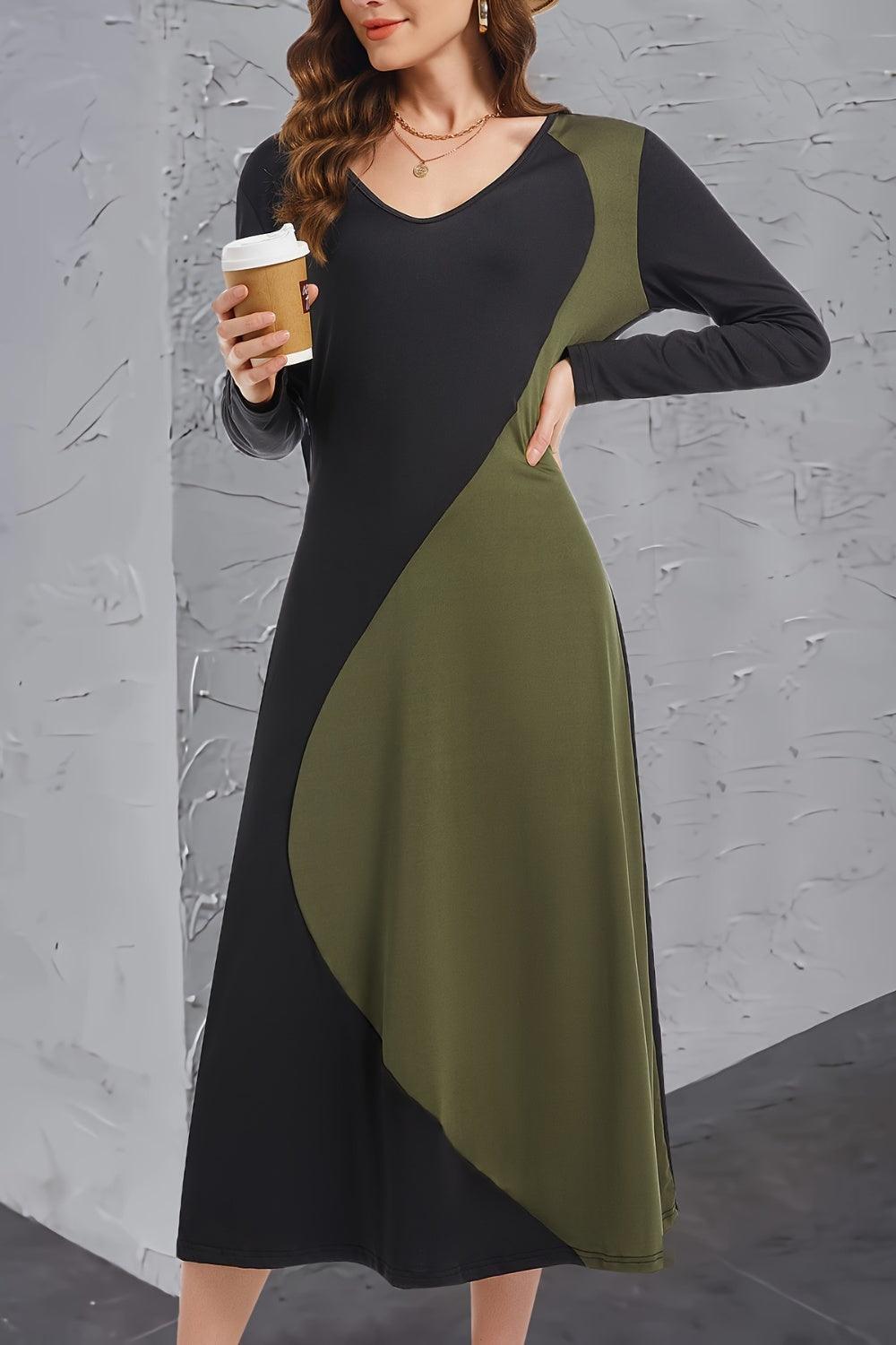 Contrast Long Sleeve Midi Dress Army Green