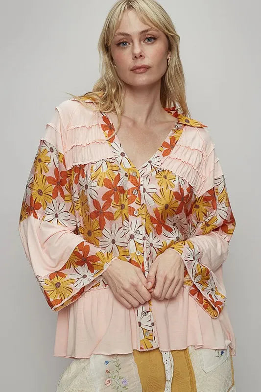POL Frill Floral Johnny Collar Shirring Raglan Sleeve Shirt SOFT PINK