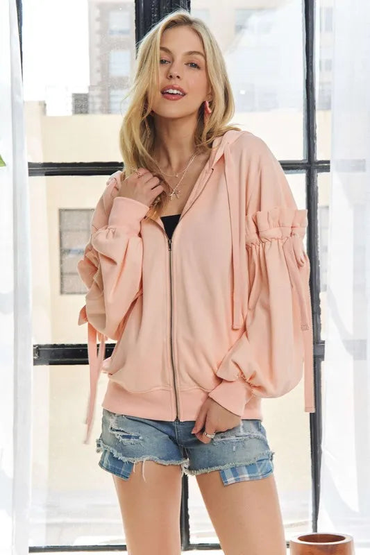 ADORA Ruffled Puff Sleeve Zip Up Hoodie BLUSH