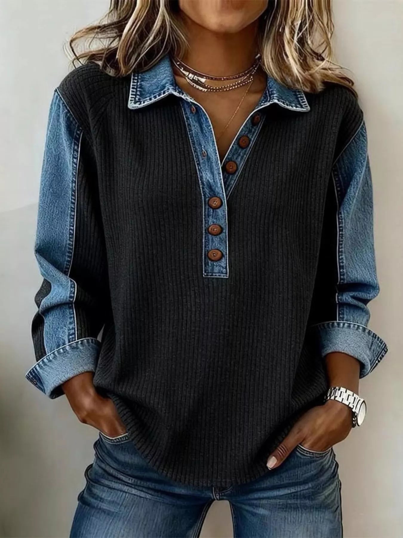 Denim Trim Button Detail Sweatshirt