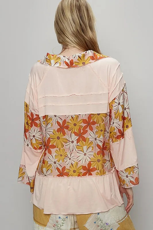 POL Frill Floral Johnny Collar Shirring Raglan Sleeve Shirt