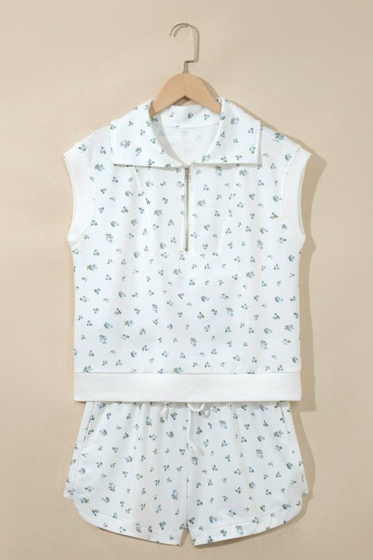 Floral Half Zip Top & Drawstring Shorts Set