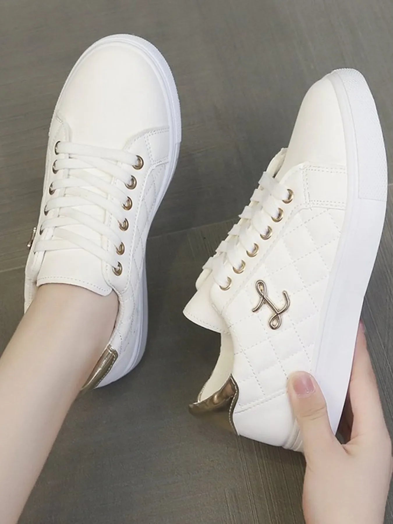 Quilted Platform Sneakers with Metallic Gold Accents
