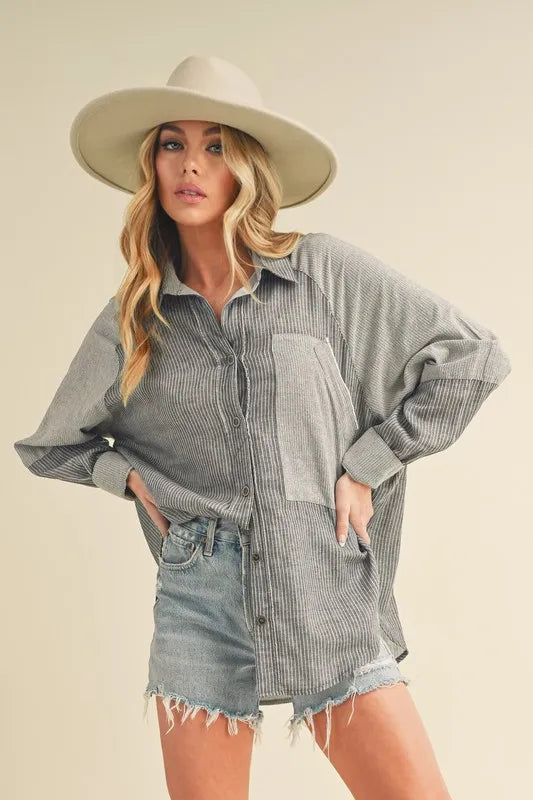 Aemi + Co Striped Collared Neck Lantern Sleeve Shirt Gray