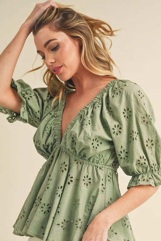 Aemi + Co Eyelet Embroidered V-Neck Half Sleeve Peplum Blouse