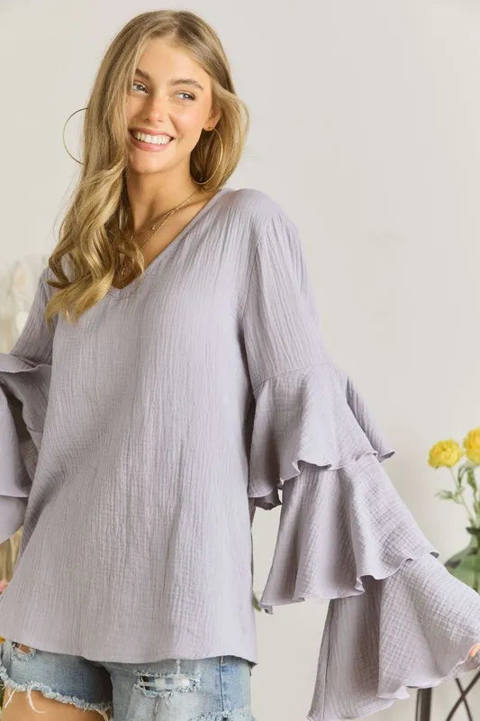 ADORA Layered Bell Sleeve Blouse GREY