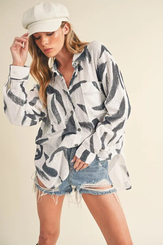 Aemi + Co High-Low Printed Button Up Long Sleeve Shirt