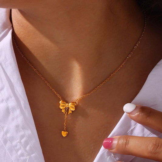 Titanium Steel Gold-Plated Bow Pendant Necklace Gold One Size