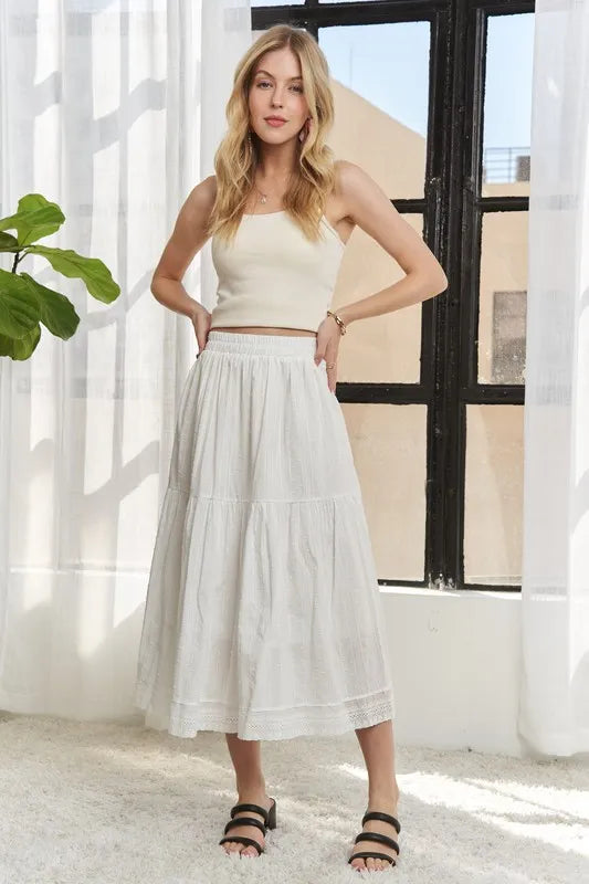 ADORA Elastic Waistband Tiered Midi Skirt OFF WHITE