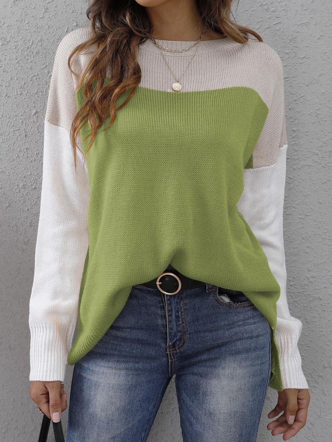 Color Block Round Neck Sweater Lime