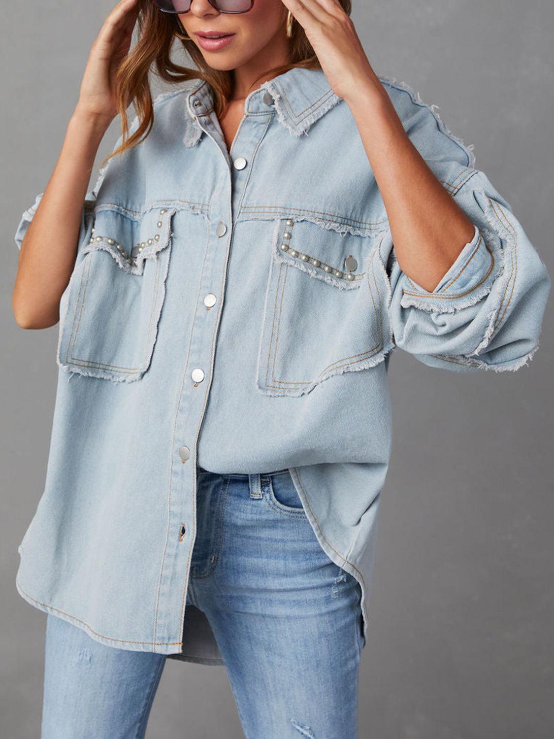 Button Down Raw Hem Denim Jacket Light Blue