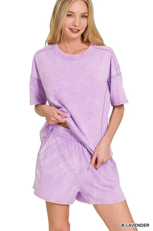 Zenana Acid Washed Short Sleeve Tee & Shorts Set B LAVENDER