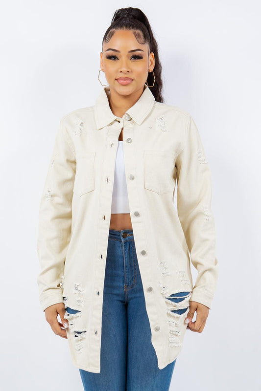 American Bazi Distressed Button Up Long Sleeve Denim Jacket Ivory