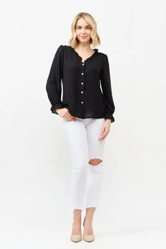 And The Why Polka Dot Ruffle Detailed Blouse Top BLACK