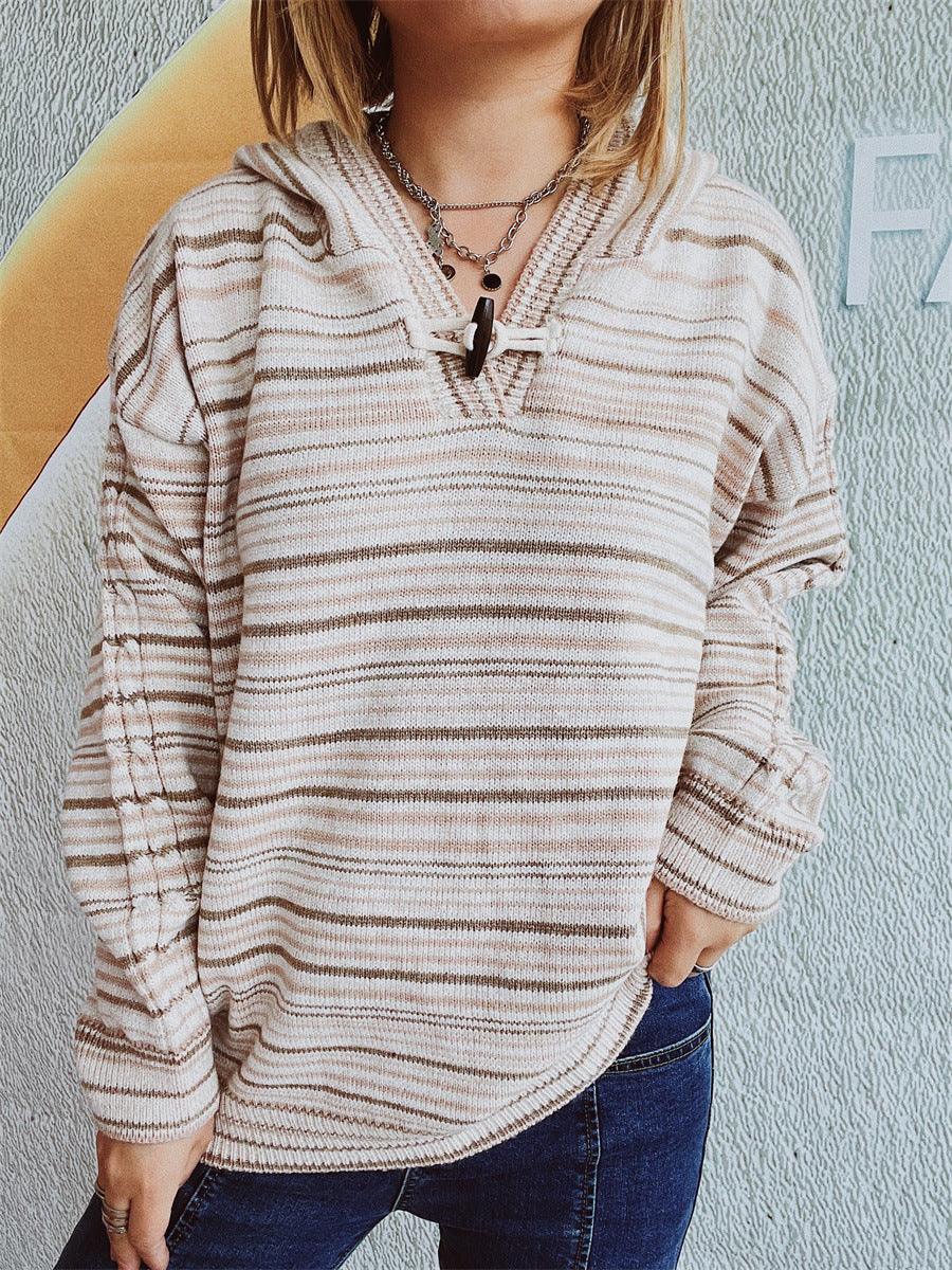 Striped Long Sleeve Hooded Sweater Taupe One Size