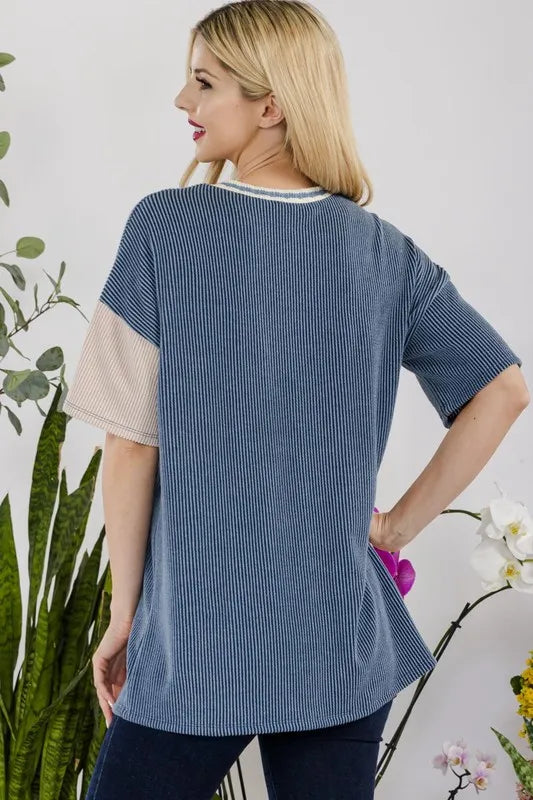 Celeste Full Size Rib Contrast Short Sleeve T-Shirt Plus SIze
