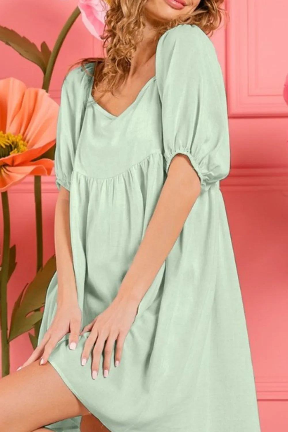 BiBi Washed Linen Tiered Midi Dress with Puff Sleeves