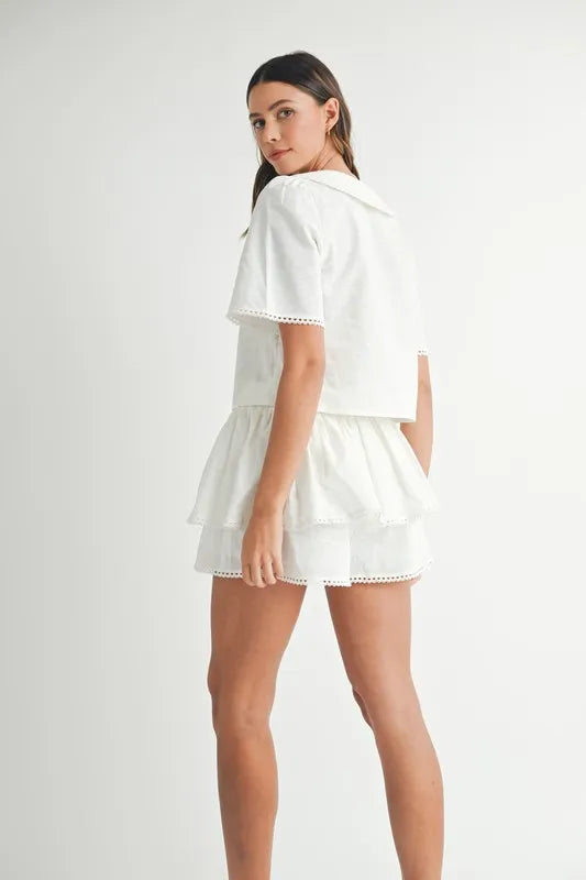 MABLE Collared Button Down Crop Top and Skort Set