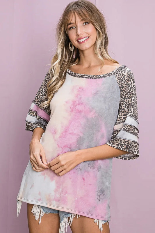 BiBi Tiedye French Terry with Leopard Sleeve Top TIEDYE LEOPARD