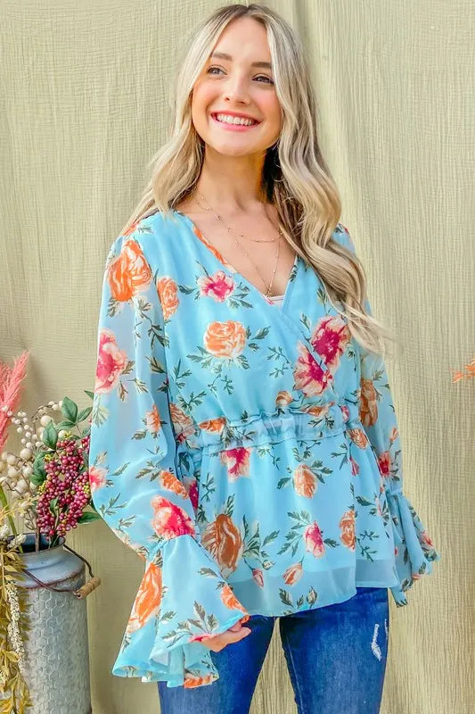 And The Why Floral Print Draw String Bell Sleeve Top SKY BLUE