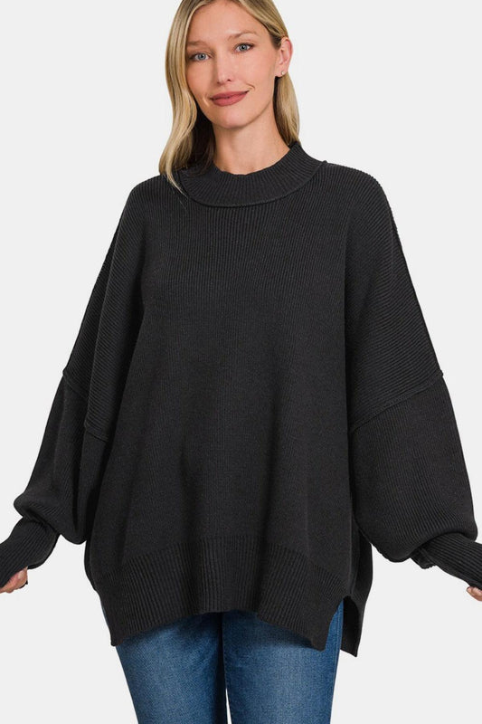 Zenana Side Sit Oversize Sweater Black