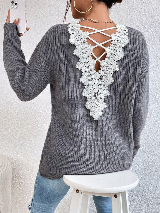 Crisscross V-Neck Long Sleeve Sweater Gray