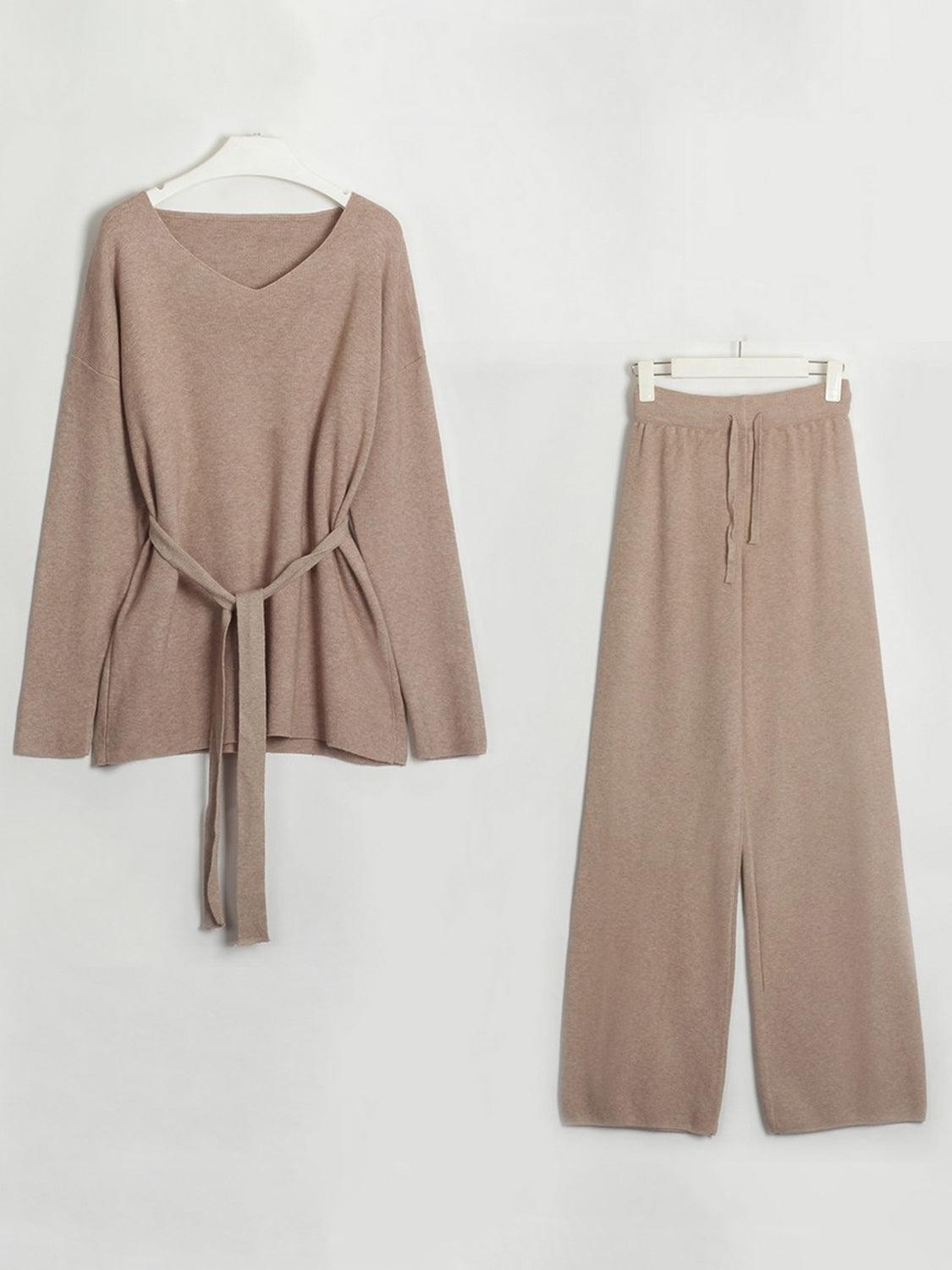 V-Neck Long Sleeve Top and Drawstring Pants Sweater Set Camel One Size