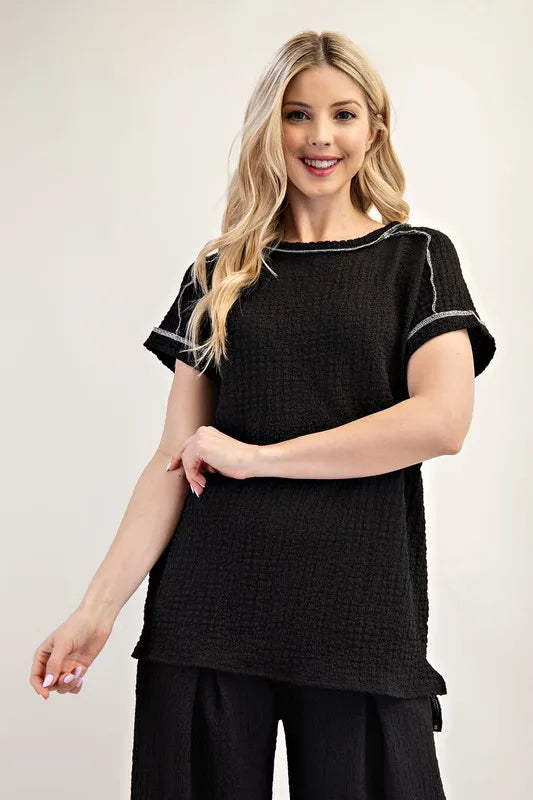 Celeste Full Size Relaxed-fit Textured Top with Short Sleeves Plus Size BLACK