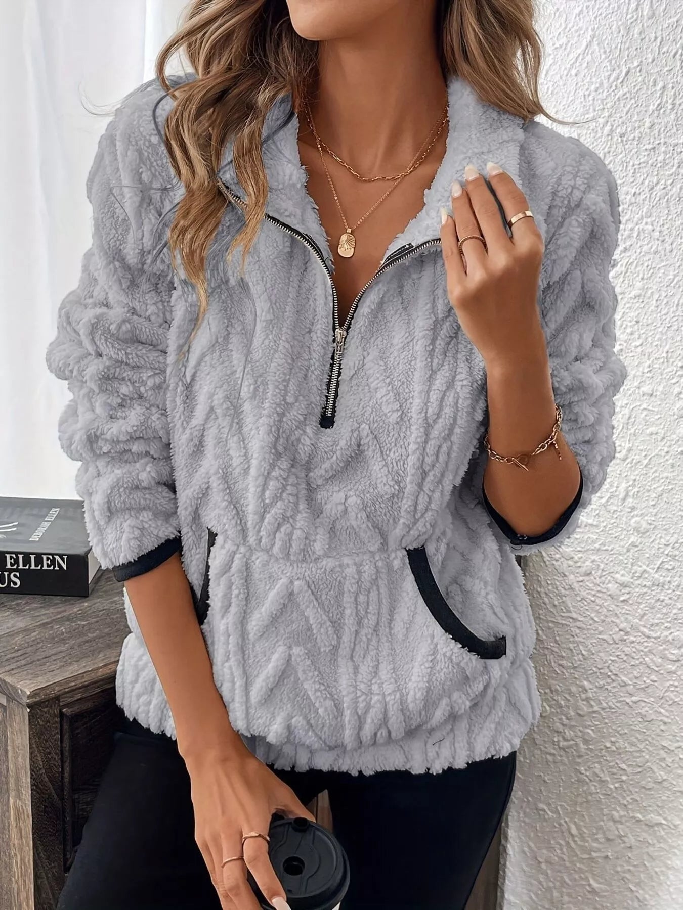 Full Size Half Zip Kangaroo Pocket Sweatshirt Plus Size