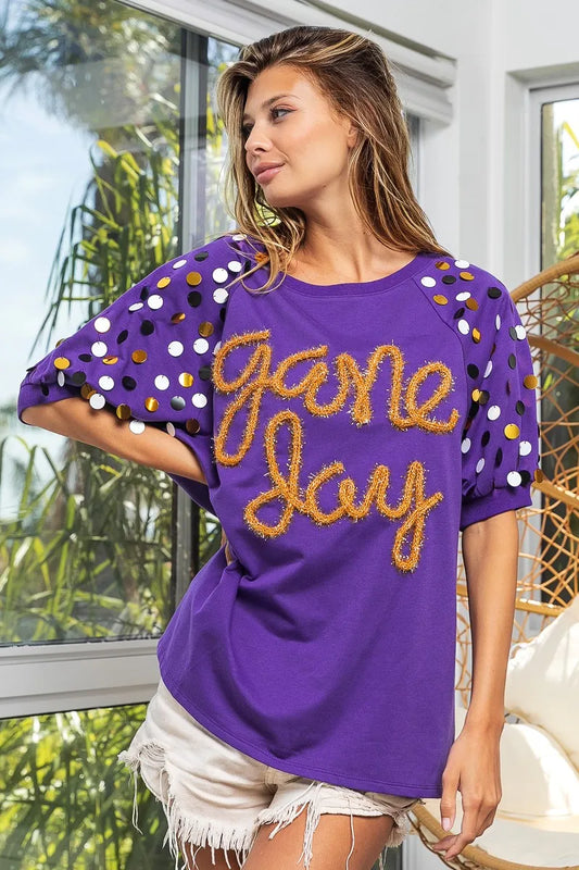 BiBi Game Day Metallic Letter Spangle Sleeve Top PURPLE GOLD