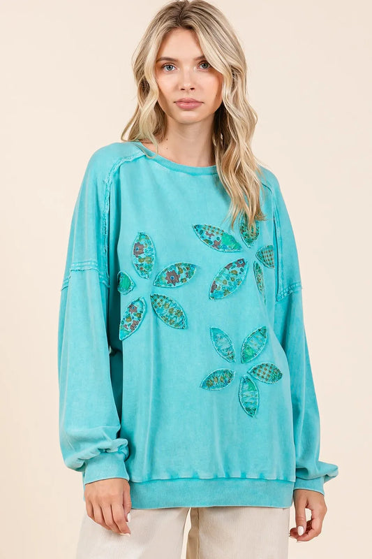 Mittoshop Vintage Textile Flower Patch Mineral Wash Pullover Sweatshirt