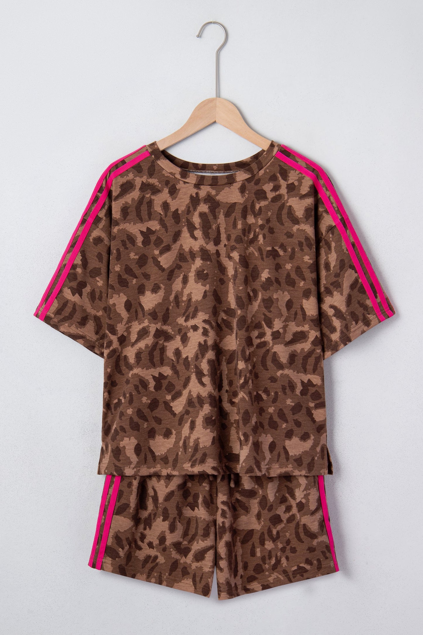 Leopard Contrast Stripe Tee & Shorts Set