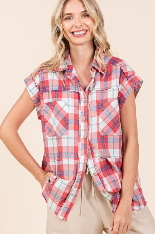 Mittoshop Mineral Wash Plaid Button Down Shirt Red
