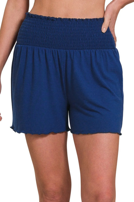 Zenana Elastic Waist Smocked Shorts LT NAVY