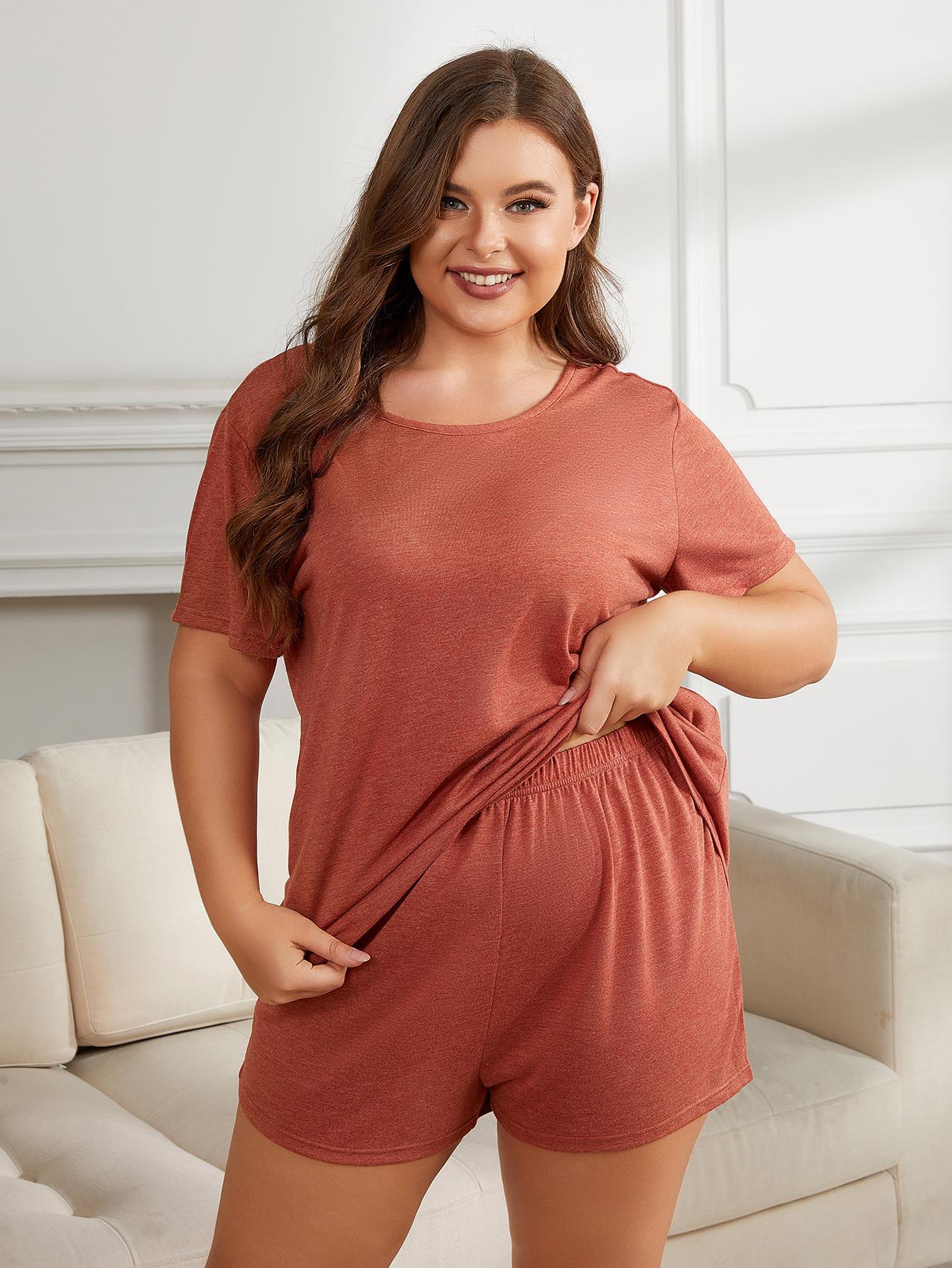 Plus Size Round Neck Short Sleeve Two-Piece Loungewear Set Rust
