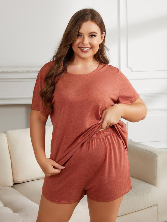 Plus Size Round Neck Short Sleeve Two-Piece Loungewear Set Rust