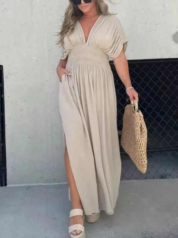Bat-sleeved V-neck Slit  Elastic Waist Long Dress