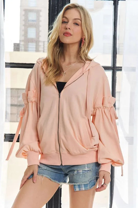 ADORA Ruffled Puff Sleeve Zip Up Hoodie